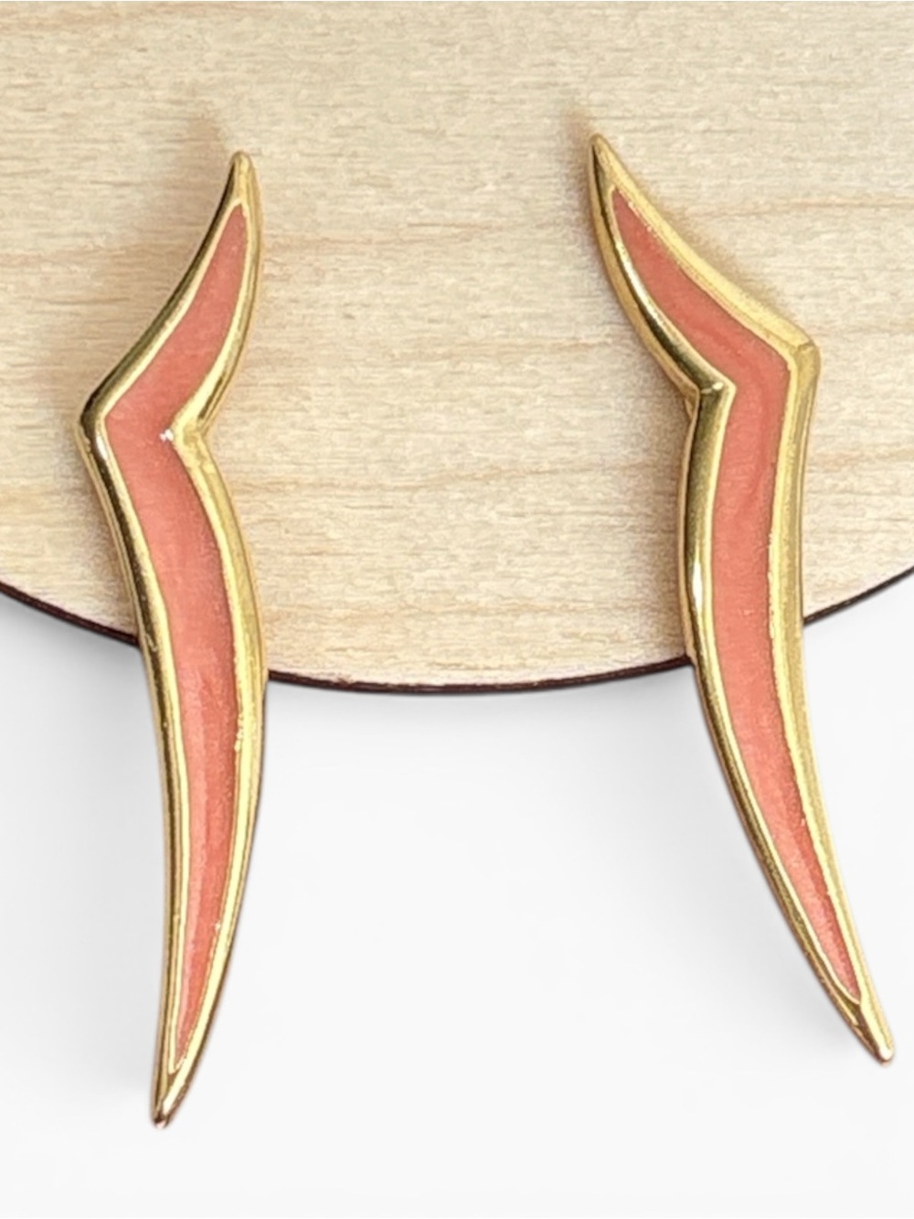 Vintage Trifari Coral Enamel Lightning Bolt Gold-Trim Clip On Earrings